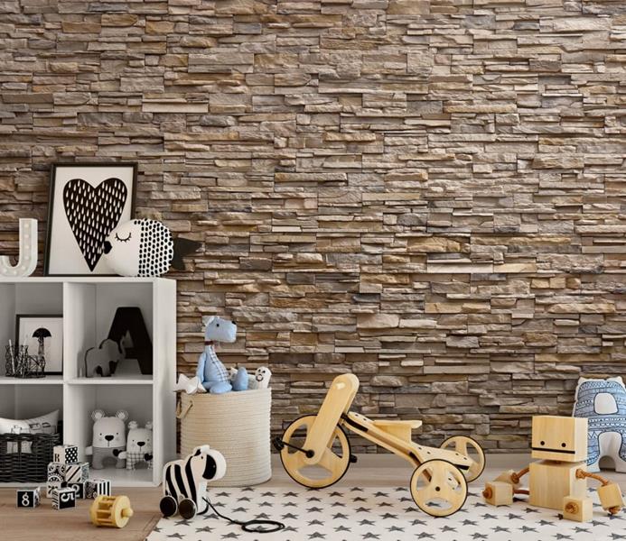 Çalışma alanı ve oda içi ince dokulu dekoratif taş kaplama.